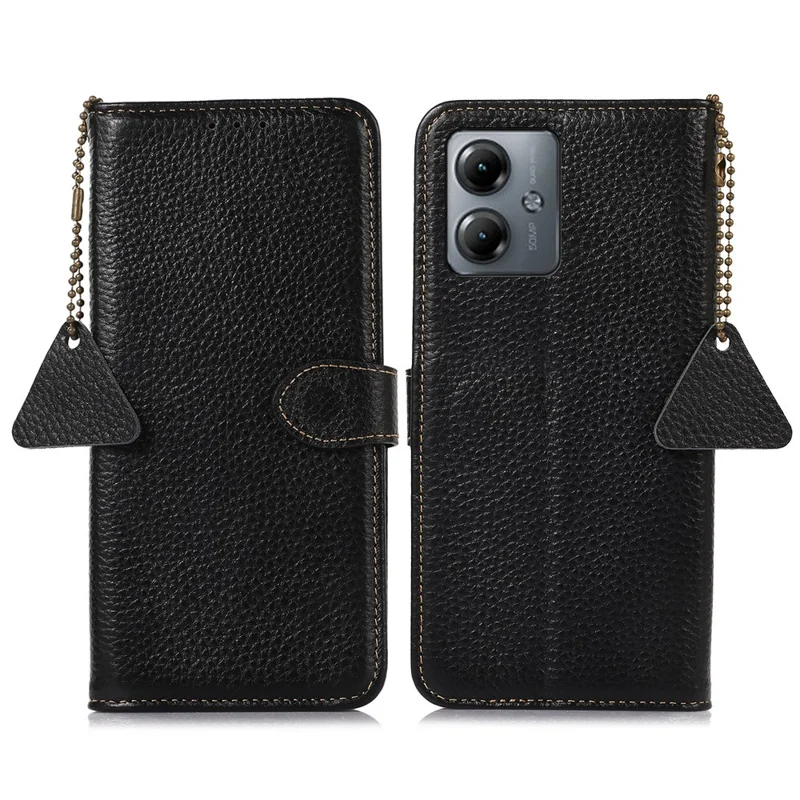 RFID-blockierender Handyhülle für Motorola Moto G14 4G, Wallet-Ständer aus echtem Rindsleder - Schwarz