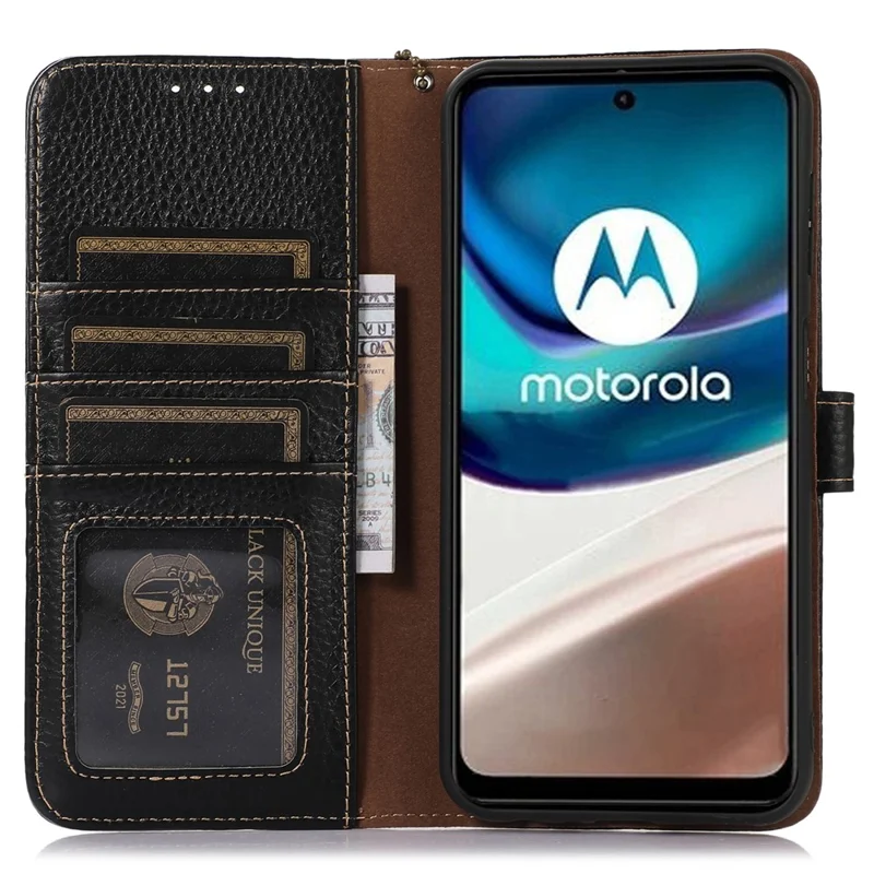 RFID-blockierender Handyhülle für Motorola Moto G14 4G, Wallet-Ständer aus echtem Rindsleder - Schwarz