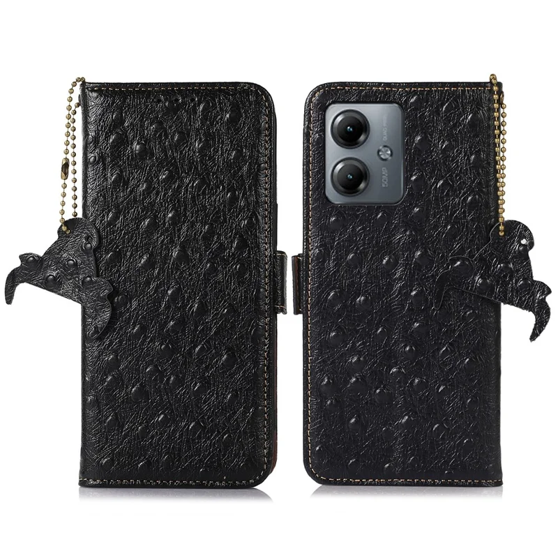 Genuine Cow Leather RFID Blocking Case for Motorola Moto G14 4G , Wallet Stand Phone Cover - Black