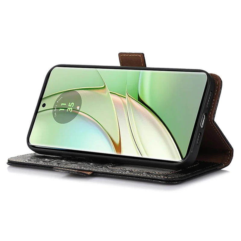Genuine Cow Leather RFID Blocking Case for Motorola Moto G14 4G , Wallet Stand Phone Cover - Black