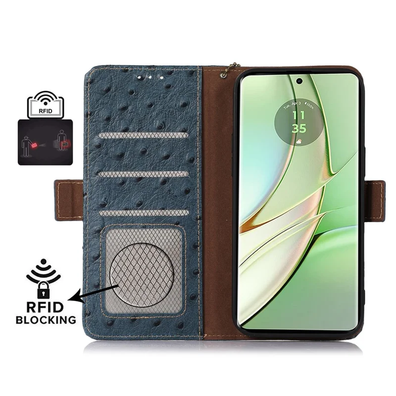 Custodia Vera Pelle Bovina RFID Blocking per Motorola Moto G14 4G, Cover Portafoglio con Supporto - Blu