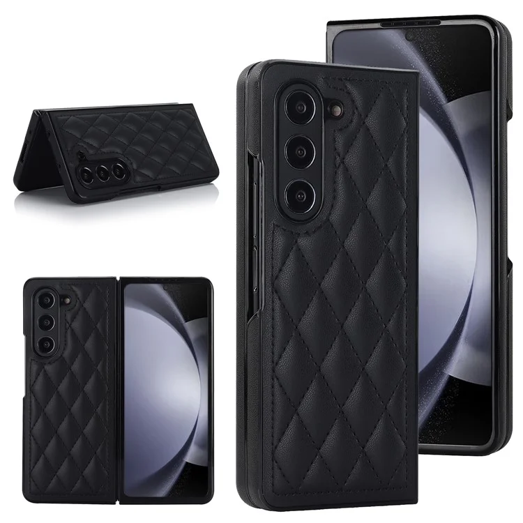ZD04 Stitching Rhombus Grid Phone Case für Samsung Galaxy Z Fold5 5G Anti-Kratzer PU+PC Hülle - Schwarz
