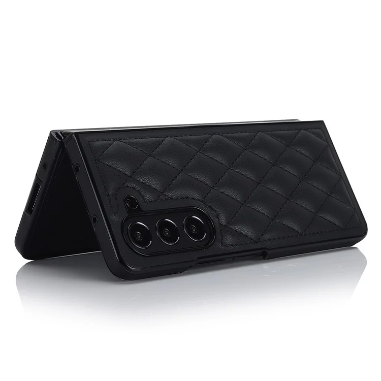 ZD04 Stitching Rhombus Grid Phone Case für Samsung Galaxy Z Fold5 5G Anti-Kratzer PU+PC Hülle - Schwarz