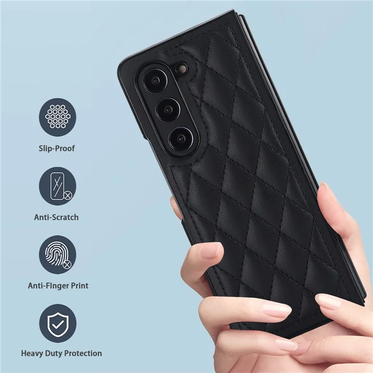 ZD04 Stitching Rhombus Grid Phone Case für Samsung Galaxy Z Fold5 5G Anti-Kratzer PU+PC Hülle - Schwarz