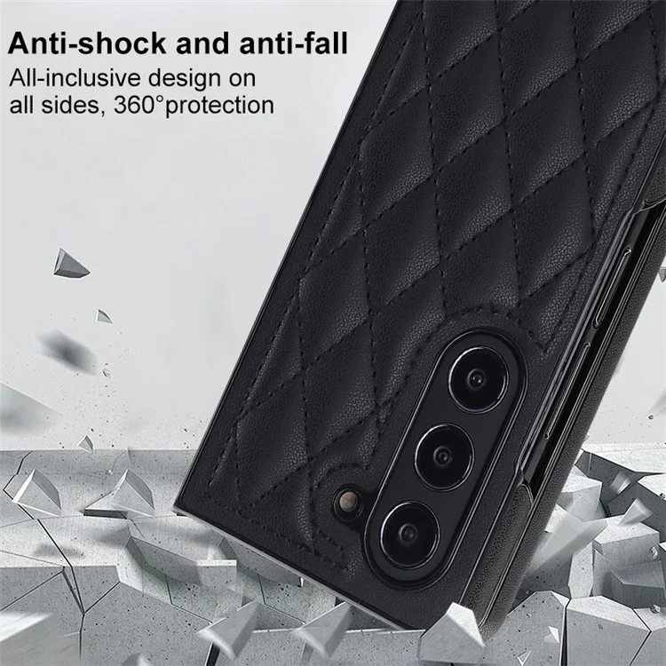 ZD04 Stitching Rhombus Grid Phone Case für Samsung Galaxy Z Fold5 5G Anti-Kratzer PU+PC Hülle - Schwarz