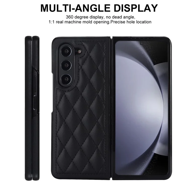 ZD04 Stitching Rhombus Grid Phone Case für Samsung Galaxy Z Fold5 5G Anti-Kratzer PU+PC Hülle - Schwarz