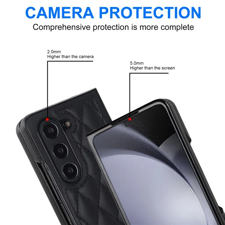 ZD04 Stitching Rhombus Grid Phone Case für Samsung Galaxy Z Fold5 5G Anti-Kratzer PU+PC Hülle - Schwarz