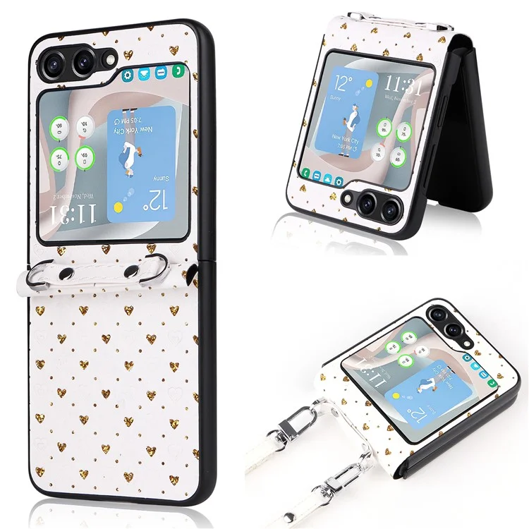 Pour Samsung Galaxy Z Flip5 5G Anti-Scratch PU+PC Phone Case Multiple Heart Shapes Phone Cover with Strap - Or