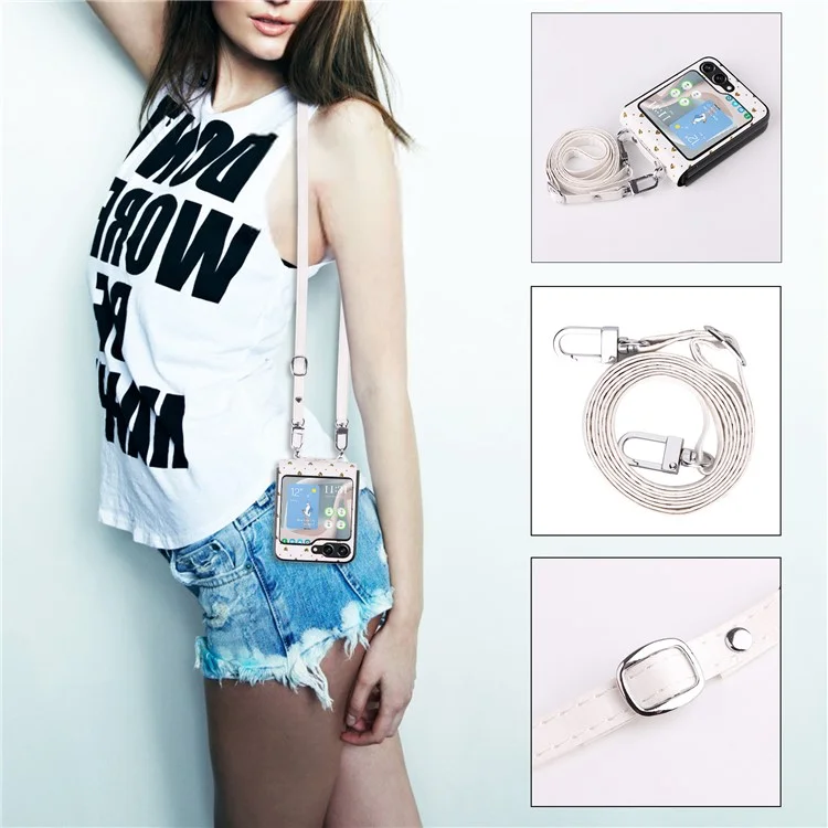 Pour Samsung Galaxy Z Flip5 5G Anti-Scratch PU+PC Phone Case Multiple Heart Shapes Phone Cover with Strap - Or
