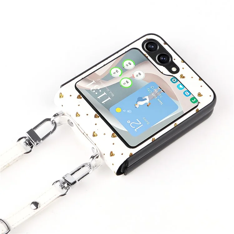 Pour Samsung Galaxy Z Flip5 5G Anti-Scratch PU+PC Phone Case Multiple Heart Shapes Phone Cover with Strap - Or