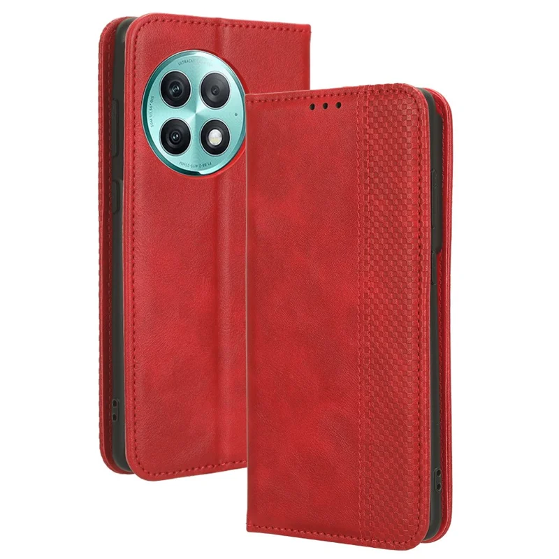 För OnePlus Ace 2 Pro 5G Retro PU-läderfodral Skakningsdämpande plånbok med ställfunktion Telefonhölse - Röd