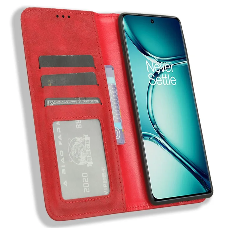 För OnePlus Ace 2 Pro 5G Retro PU-läderfodral Skakningsdämpande plånbok med ställfunktion Telefonhölse - Röd