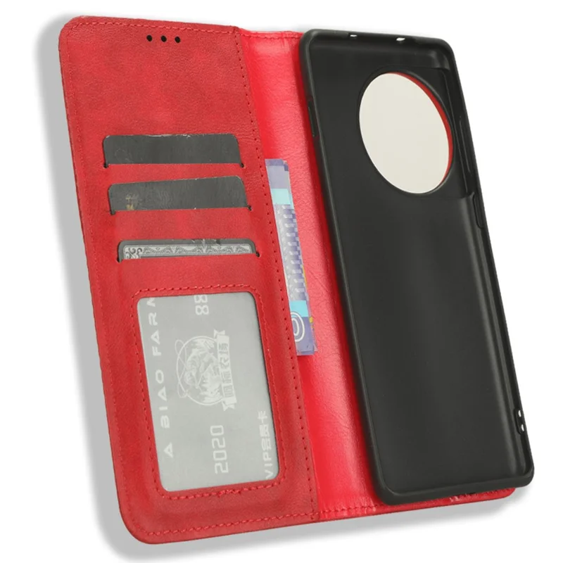 För OnePlus Ace 2 Pro 5G Retro PU-läderfodral Skakningsdämpande plånbok med ställfunktion Telefonhölse - Röd