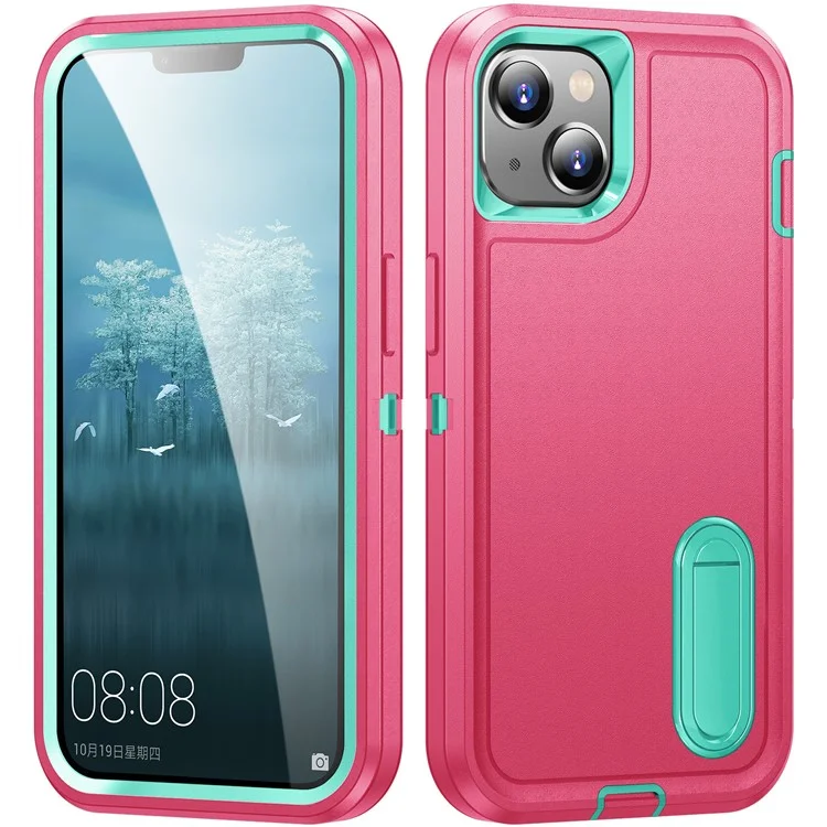 Custodia per iPhone 15 Shockproof Case Anti-Drop Cell Phone Kickstand Cover - Rosa / Ciano