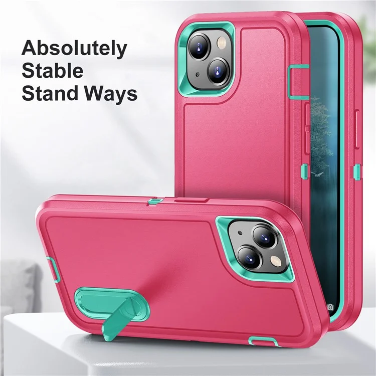 Custodia per iPhone 15 Shockproof Case Anti-Drop Cell Phone Kickstand Cover - Rosa / Ciano