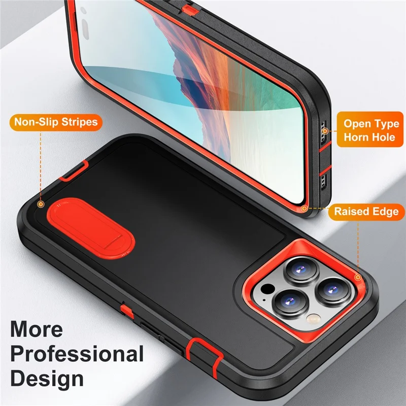 Para iPhone 15 Pro Max Capa de Telefone à Prova de Choque Anti-Queda Case de Telefone Celular com Suporte Dobrável - Preto / Laranja