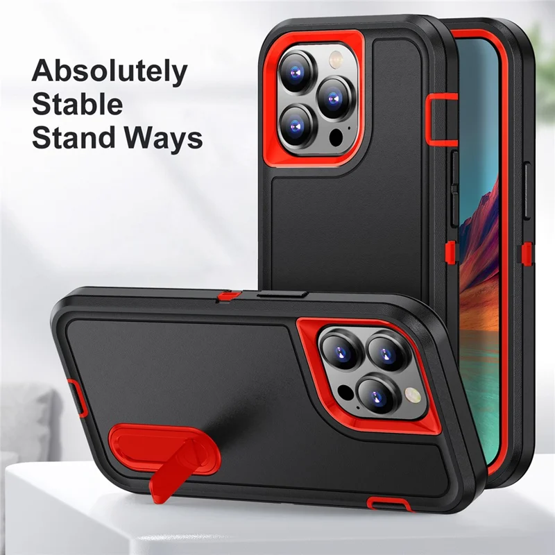 Para iPhone 15 Pro Max Capa de Telefone à Prova de Choque Anti-Queda Case de Telefone Celular com Suporte Dobrável - Preto / Laranja
