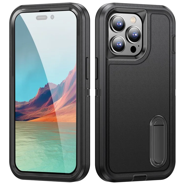 Pour iPhone 15 Pro Max Étui de téléphone antichoc Étui de téléphone cellulaire Couverture PC+TPU avec support - Noir