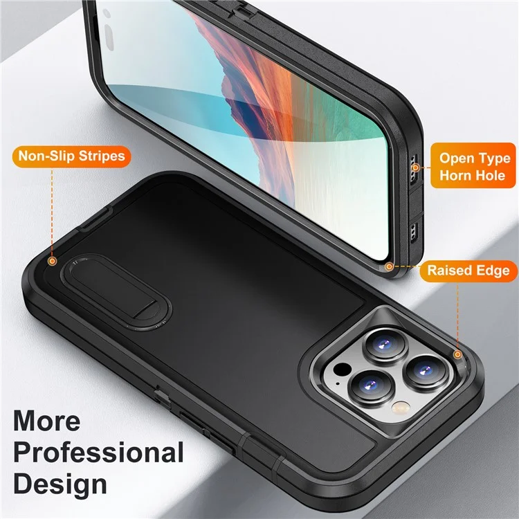 Pour iPhone 15 Pro Max Étui de téléphone antichoc Étui de téléphone cellulaire Couverture PC+TPU avec support - Noir
