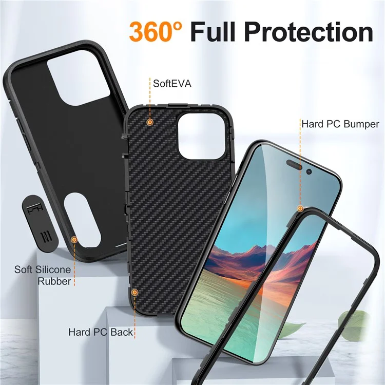 Pour iPhone 15 Pro Max Étui de téléphone antichoc Étui de téléphone cellulaire Couverture PC+TPU avec support - Noir