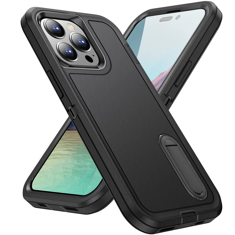Pour iPhone 15 Pro Max Étui de téléphone antichoc Étui de téléphone cellulaire Couverture PC+TPU avec support - Noir