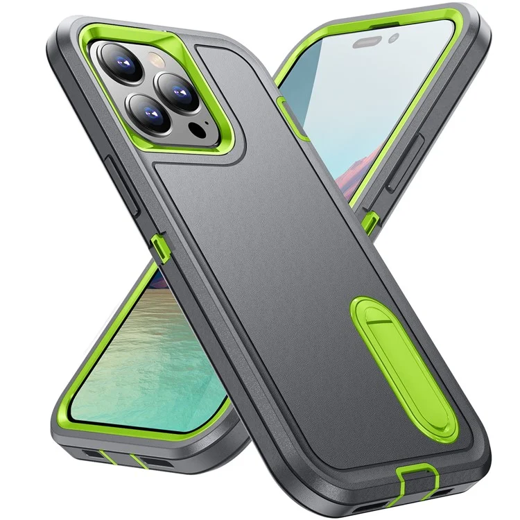 Чехол для iPhone 15 Pro Max, противоударный, с подставкой - серый / зеленый
