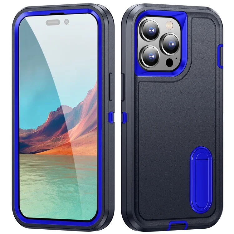 Pour iPhone 15 Pro Max Étui de protection antichoc pour téléphone Étui de protection PC+TPU avec support - Noir / Saphir