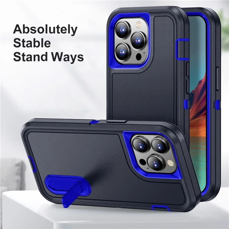 Pour iPhone 15 Pro Max Étui de protection antichoc pour téléphone Étui de protection PC+TPU avec support - Noir / Saphir