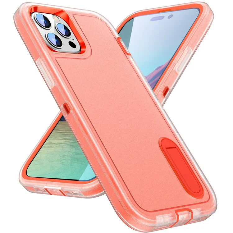 Для iPhone 15 Pro Max ударопрочный чехол для телефона Анти-падение ПК + ТПУ Чехол для мобильного телефона со складным держателем - прозрачный / оранжевый