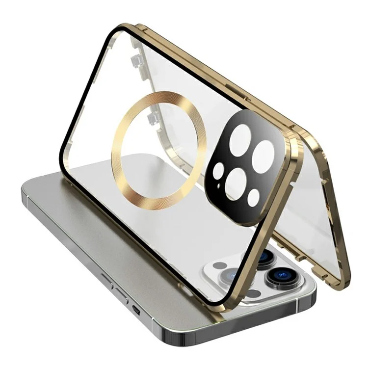 Совместим с чехлом MagSafe для iPhone 15 Pro, магнитная металлическая рама + двухсторонняя закаленная стеклянная крышка телефона с фиксатором - золотой