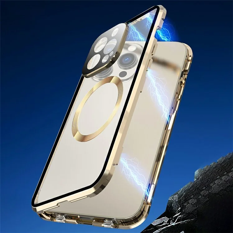 Совместим с чехлом MagSafe для iPhone 15 Pro, магнитная металлическая рама + двухсторонняя закаленная стеклянная крышка телефона с фиксатором - золотой
