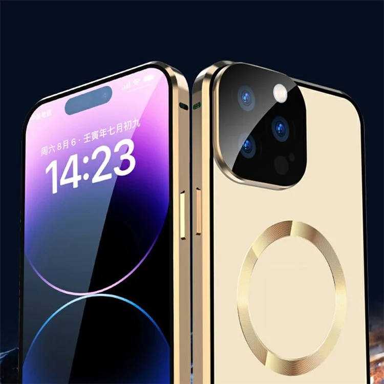 Совместим с чехлом MagSafe для iPhone 15 Pro, магнитная металлическая рама + двухсторонняя закаленная стеклянная крышка телефона с фиксатором - золотой
