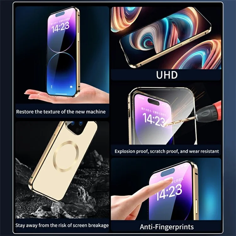 Совместим с чехлом MagSafe для iPhone 15 Pro, магнитная металлическая рама + двухсторонняя закаленная стеклянная крышка телефона с фиксатором - золотой