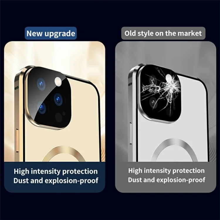 Совместим с чехлом MagSafe для iPhone 15 Pro, магнитная металлическая рама + двухсторонняя закаленная стеклянная крышка телефона с фиксатором - золотой