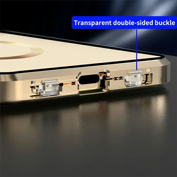 Совместим с чехлом MagSafe для iPhone 15 Pro, магнитная металлическая рама + двухсторонняя закаленная стеклянная крышка телефона с фиксатором - золотой