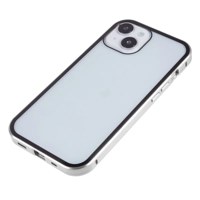 Para iPhone 15 Plus Anti-Spy Phone Case Magnetic Adsorption Metal Frame + Double-sided Tempered Glass Shockproof Cover - Prata
