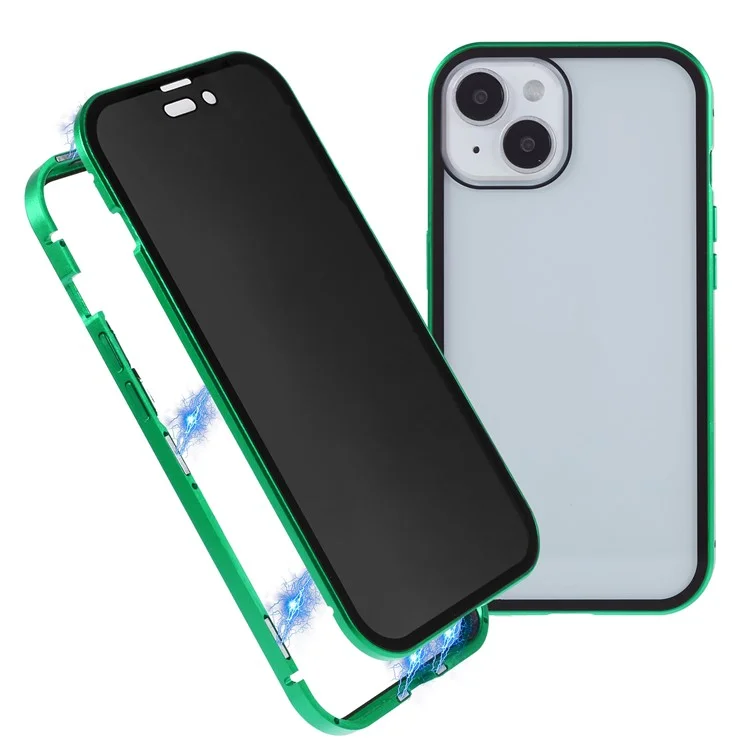 For iPhone 15 Plus Anti-Spy Phone Case Magnetic Adsorption Metal Frame + Double-sided Tempered Glass Shockproof Cover - Green