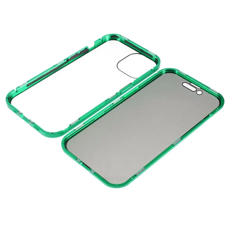 For iPhone 15 Plus Anti-Spy Phone Case Magnetic Adsorption Metal Frame + Double-sided Tempered Glass Shockproof Cover - Green