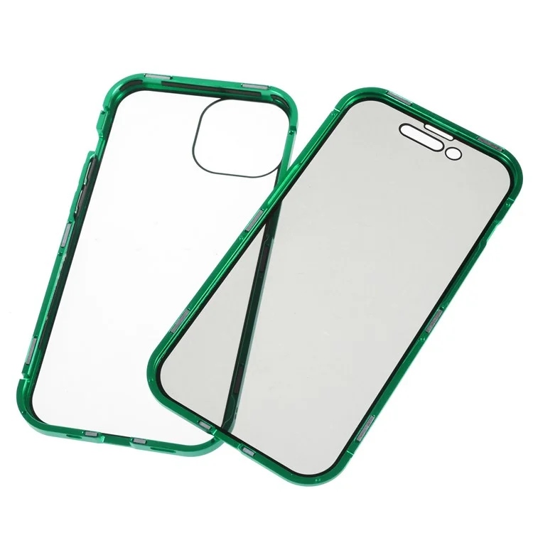 For iPhone 15 Plus Anti-Spy Phone Case Magnetic Adsorption Metal Frame + Double-sided Tempered Glass Shockproof Cover - Green