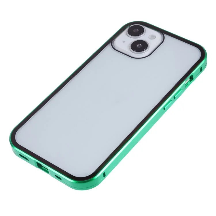 For iPhone 15 Plus Anti-Spy Phone Case Magnetic Adsorption Metal Frame + Double-sided Tempered Glass Shockproof Cover - Green
