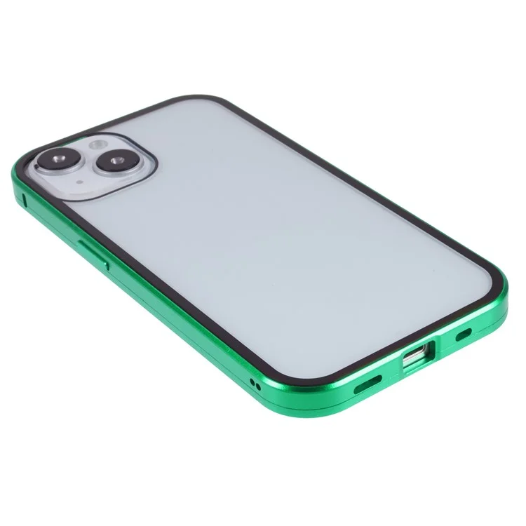 For iPhone 15 Plus Anti-Spy Phone Case Magnetic Adsorption Metal Frame + Double-sided Tempered Glass Shockproof Cover - Green
