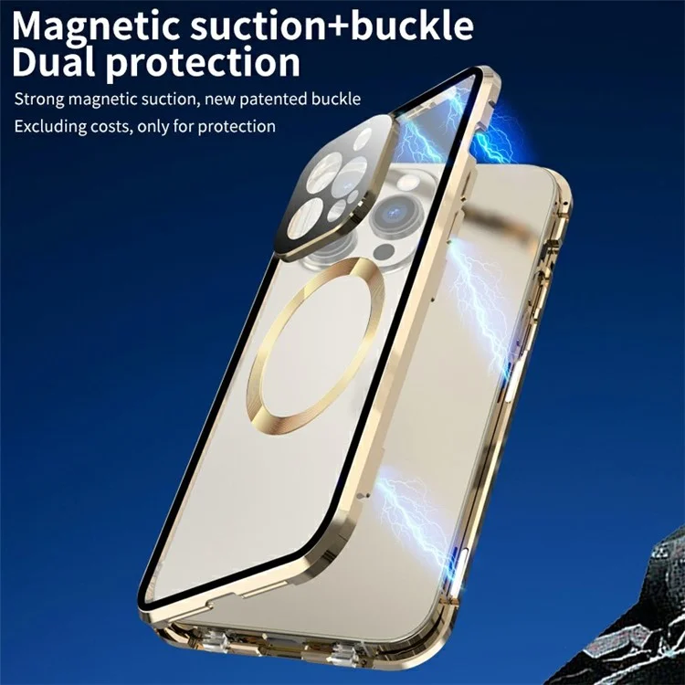 Buckle Lock Phone Cover for iPhone 15 Plus Magnetic Metal Frame + Dual-Sided Tempered Glass Case Compatible with MagSafe - Gold