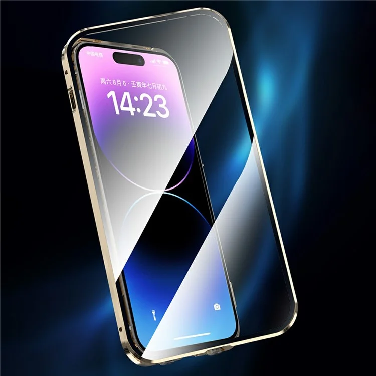 Dual-Sided Tempered Glass+Magnetic Metal Frame Anti-Drop Case for iPhone 15 Compatible with MagSafe Phone Cover with Buckle Lock - Gold