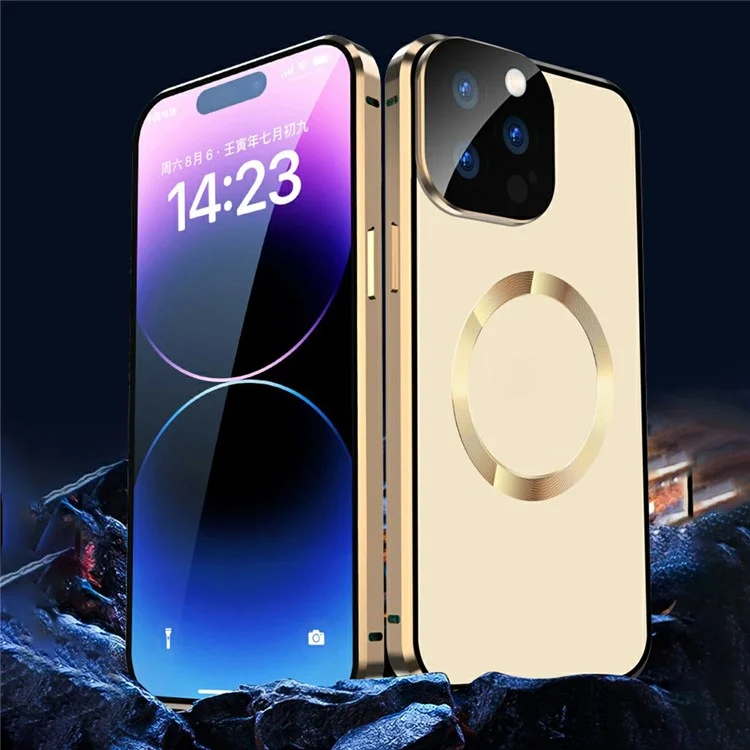 Dual-Sided Tempered Glass+Magnetic Metal Frame Anti-Drop Case for iPhone 15 Compatible with MagSafe Phone Cover with Buckle Lock - Gold