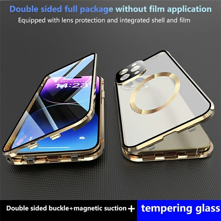 Dual-Sided Tempered Glass+Magnetic Metal Frame Anti-Drop Case for iPhone 15 Compatible with MagSafe Phone Cover with Buckle Lock - Gold