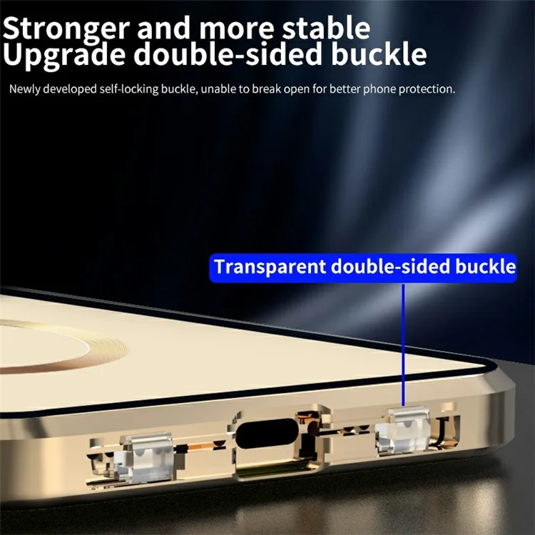 Dual-Sided Tempered Glass+Magnetic Metal Frame Anti-Drop Case for iPhone 15 Compatible with MagSafe Phone Cover with Buckle Lock - Gold