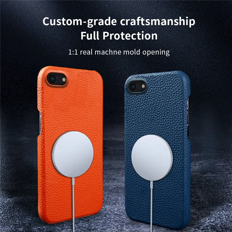 Per iPhone 7 / 8 / SE (2020) / SE (2022) Custodia magnetica per telefono in vera pelle di mucca + guscio in PC a copertura incompleta con textura in litchi - Arancione