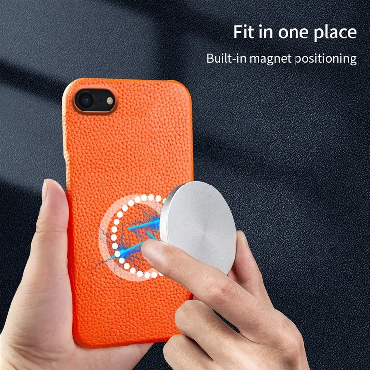Per iPhone 7 / 8 / SE (2020) / SE (2022) Custodia magnetica per telefono in vera pelle di mucca + guscio in PC a copertura incompleta con textura in litchi - Arancione