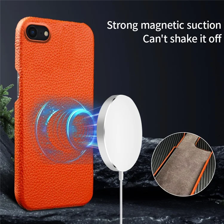 Per iPhone 7 / 8 / SE (2020) / SE (2022) Custodia magnetica per telefono in vera pelle di mucca + guscio in PC a copertura incompleta con textura in litchi - Arancione
