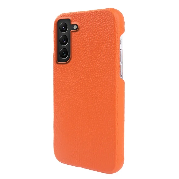 Para Samsung Galaxy S22 5G Litchi Texture Magnetic Phone Case Anti-scratch Genuine Cow Leather+PC Cover - Orange